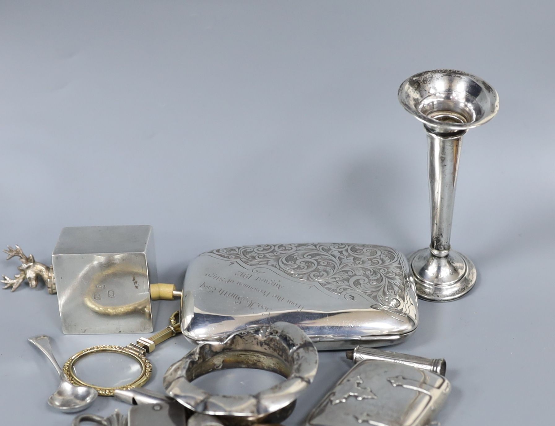 Small silver etc. including two vesta cases, a cigarette case, thimbles, inkwell, etc.